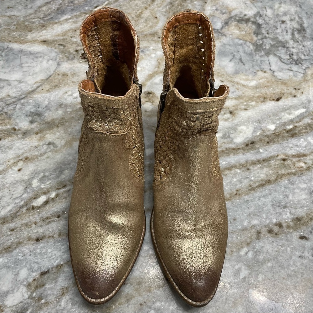 Seychelles, Flip a Coin Gold Suede Cowboy Bootie Distressed Leather - Picture 2 of 11